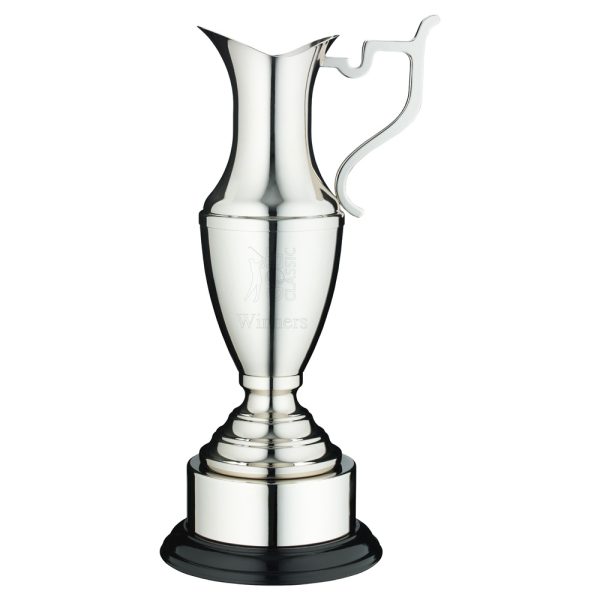 NICKEL PLATED CLARET JUG ON ROUND BASE WITH PLINTH - 10.25in
