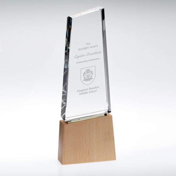 CLEAR GLASS BLOCK ON LIGHT WOOD BASE WITH COLOUR FLASH (32mm THICK) - 9.25in