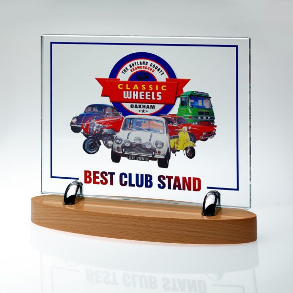 CLEAR GLASS 10mm RECTANGLE ON LIGHT WOOD BASE - (GLASS 6.75 x 8.25"") 8in