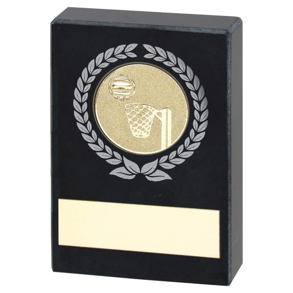 BLACK MARBLE WITH SILVER/GOLD WREATH, NETBALL INSERT AND PLATE - 3.5x2.25in