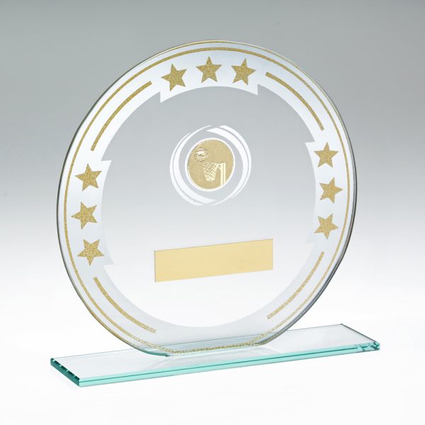 JADE/SILVER/GOLD ROUND GLASS WITH NETBALL INSERT AND PLATE - 7in