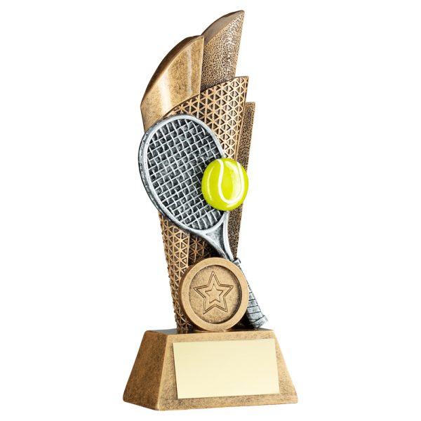 BRZ/PEW/YELLOW TENNIS BALL AND RACKET ON BACKDROP WITH PLATE (1in CEN) - 6in