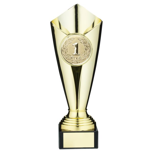 PLASTIC TULIP TROPHY CUP WITH PLATE (2in CENTRE) GOLD - 9.25in