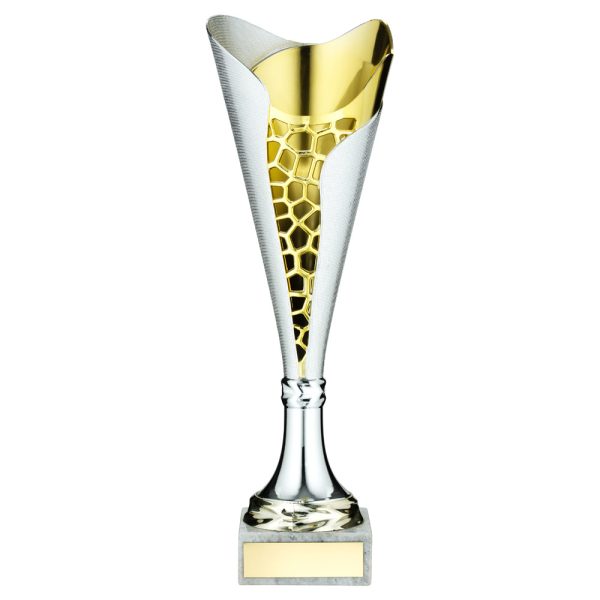 SILVER/GOLD PLASTIC STIPPLED TROPHY CUP WITH PLATE - 13.75in