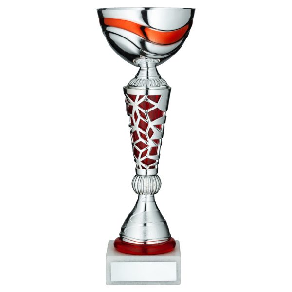 SILVER/RED TROPHY CUP WITH PLATE - 14.5in
