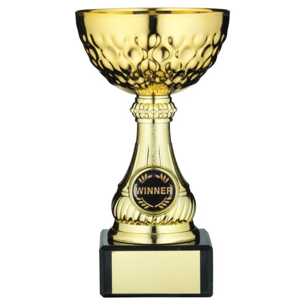 GOLD MINI ASSEMBLED TROPHY CUP WITH PLATE (1in CENTRE) - 6.5in
