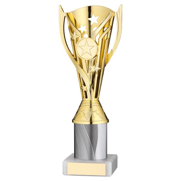 GOLD/WHITE PLASTIC 'FLASH' CUP ASSEMBLED ON MARBLE (1in CEN) - 9in