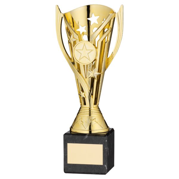 GOLD PLASTIC 'FLASH' CUP ON BLACK MARBLE ASSEMBLED TROPHY (1" CEN) - 6.75in