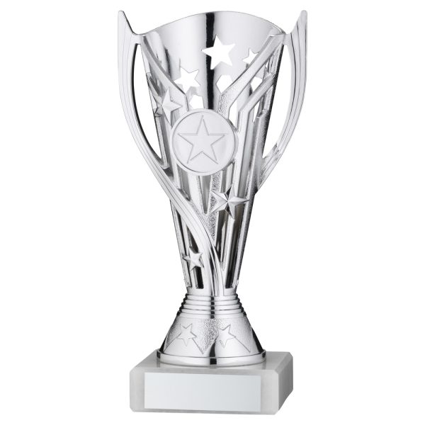 SILVER/BLUE PLASTIC 'FLASH' CUP ASSEMBLED ON MARBLE (1in CEN) - 7in