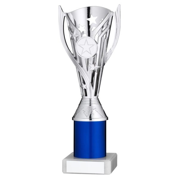 SILVER/BLUE PLASTIC 'FLASH' CUP ASSEMBLED ON MARBLE (1in CEN) - 8in