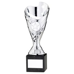 SILVER PLASTIC 'SABRE' CUP ON BLACK MARBLE ASSEMBLED TROPHY (1" CEN) - 9in