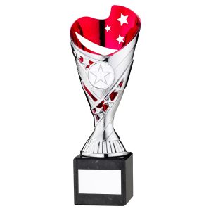SILVER/PINK PLASTIC 'SABRE' CUP ON BLK MARBLE ASSEMBLED TROPHY (1" CEN) - 9in