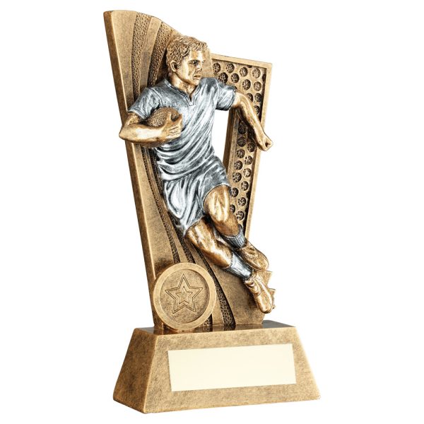 BRZ/PEW MALE RUGBY FIGURE ON BACKDROP WITH PLATE (1in CENTRE) - 7.5in