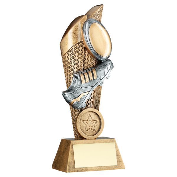 BRZ/PEW/GOLD RUGBY BALL AND BOOT ON MESH BACKDROP WITH PLATE (1in CEN) - 7.25in