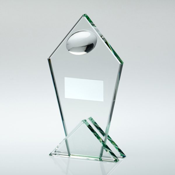 JADE GLASS POINTED PLAQUE WITH HALF RUGBY BALL AND PLATE - 8.5in