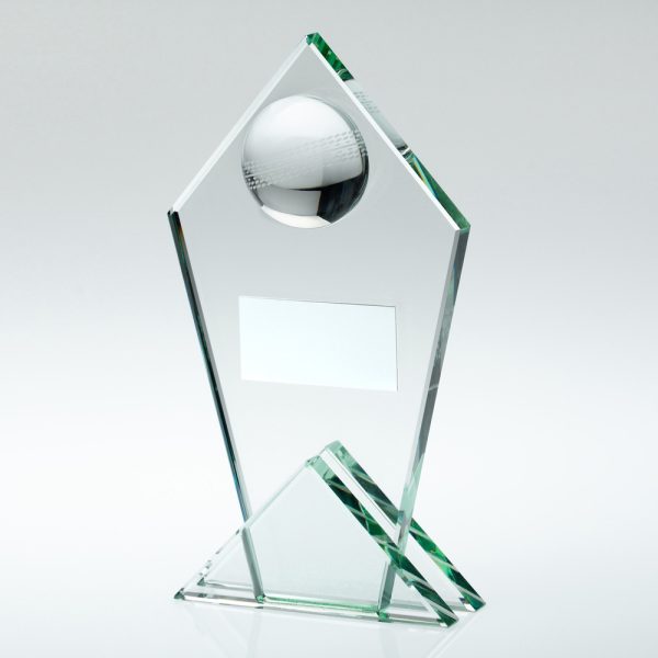 JADE GLASS POINTED PLAQUE WITH HALF CRICKET BALL AND PLATE - 5.75in