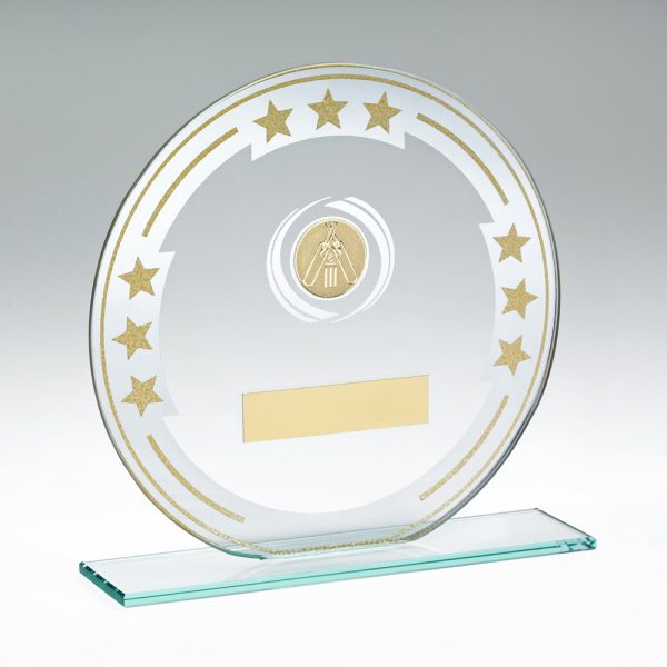 JADE/SILVER/GOLD ROUND GLASS WITH CRICKET INSERT AND PLATE - 7in