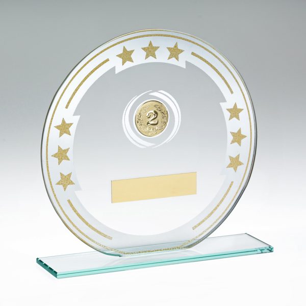 JADE ROUND GLASS WITH SILVER/GOLD DETAIL AND PLATE (1in CENTRE) - 6.25in
